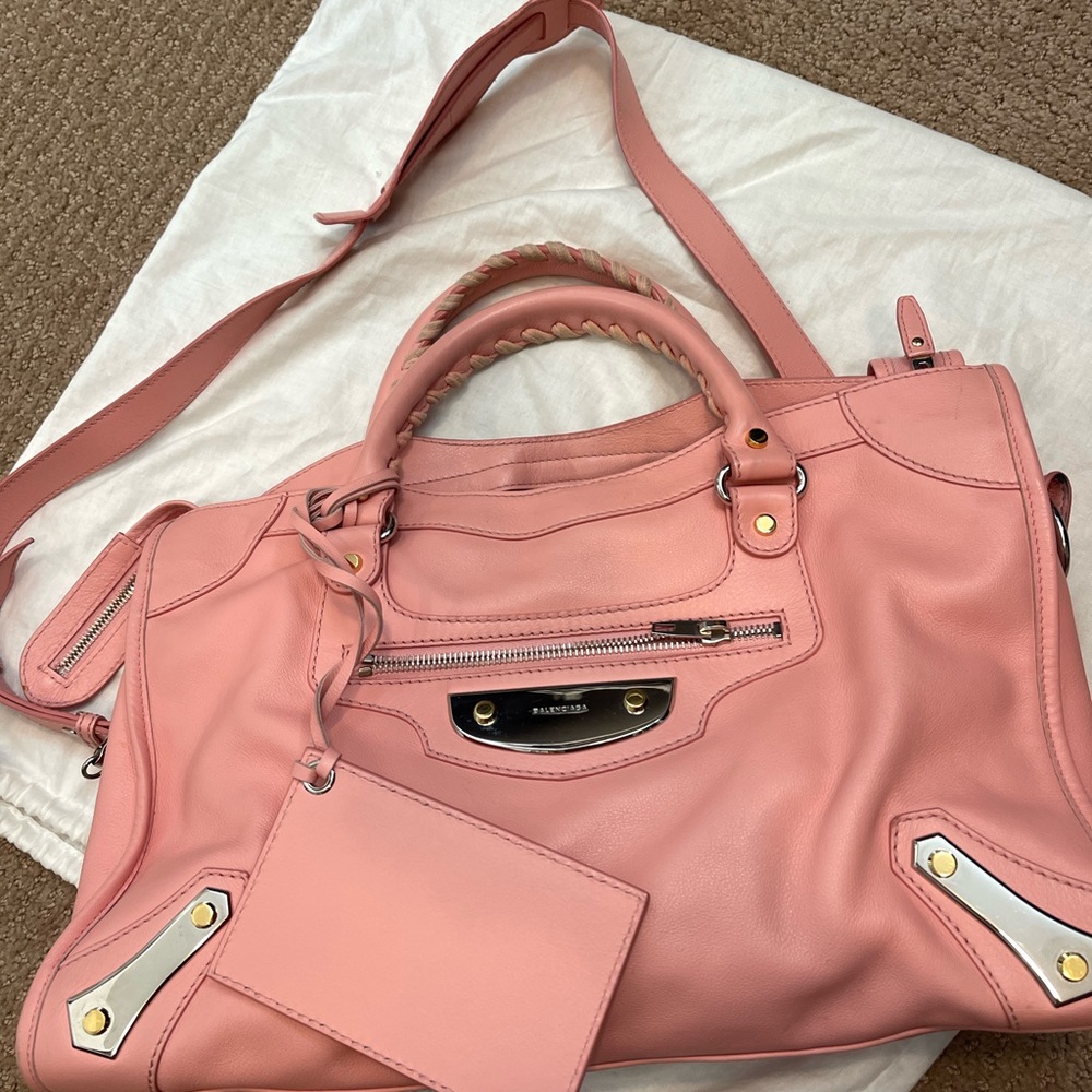 Balenciaga Pink Leather Amp Plate Classic City Bag with long strap